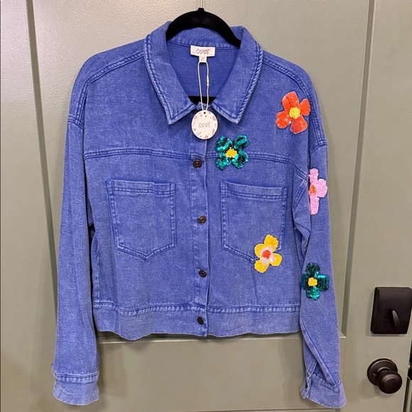 ODDY Jackets & Blazers - ODDY Blue Denim Jacket with Colorful Floral Appliqués